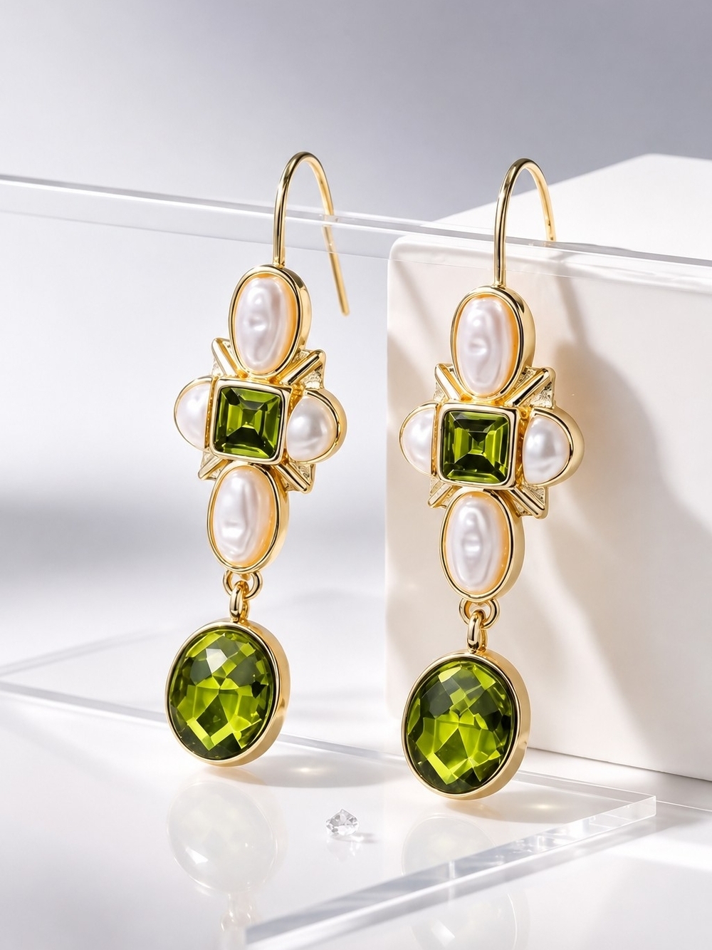 Gold-Tone Pearl and Olive Green Crystal Drop Earrings